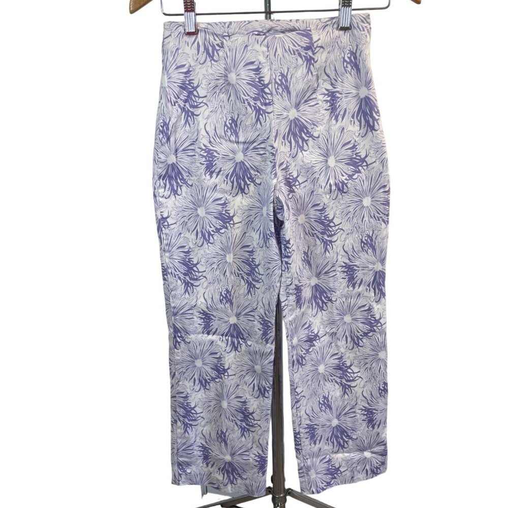 Bamboo Traders Purple White Flower Patterned Cropped Side Zip Pants Sz 2